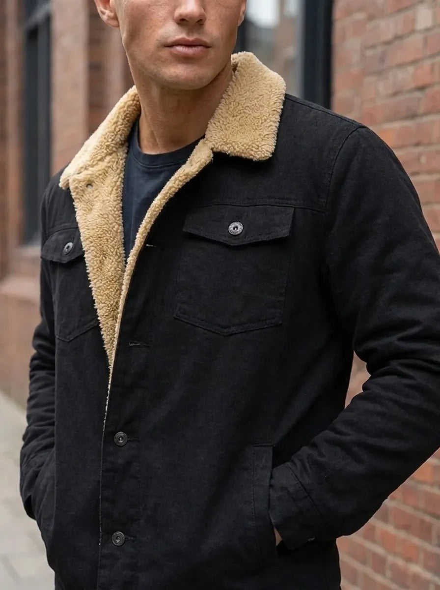 Herrenjacke mit Teddyfell-Kragen und Knopfleiste - 3