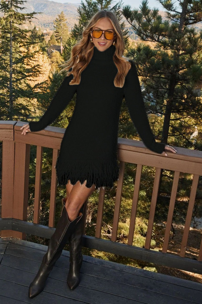 Turtleneck-Kleid Damen mit Fransensaum und figurbetonter Passform - 5
