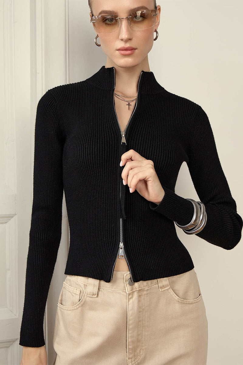 Eleganter Cardigan Damen mit Stehkragen und Reißverschluss - 2