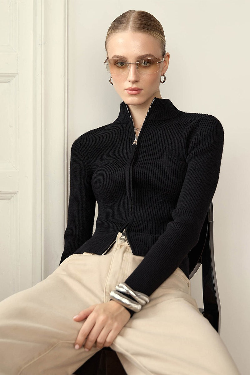 Eleganter Cardigan Damen mit Stehkragen und Reißverschluss - 3