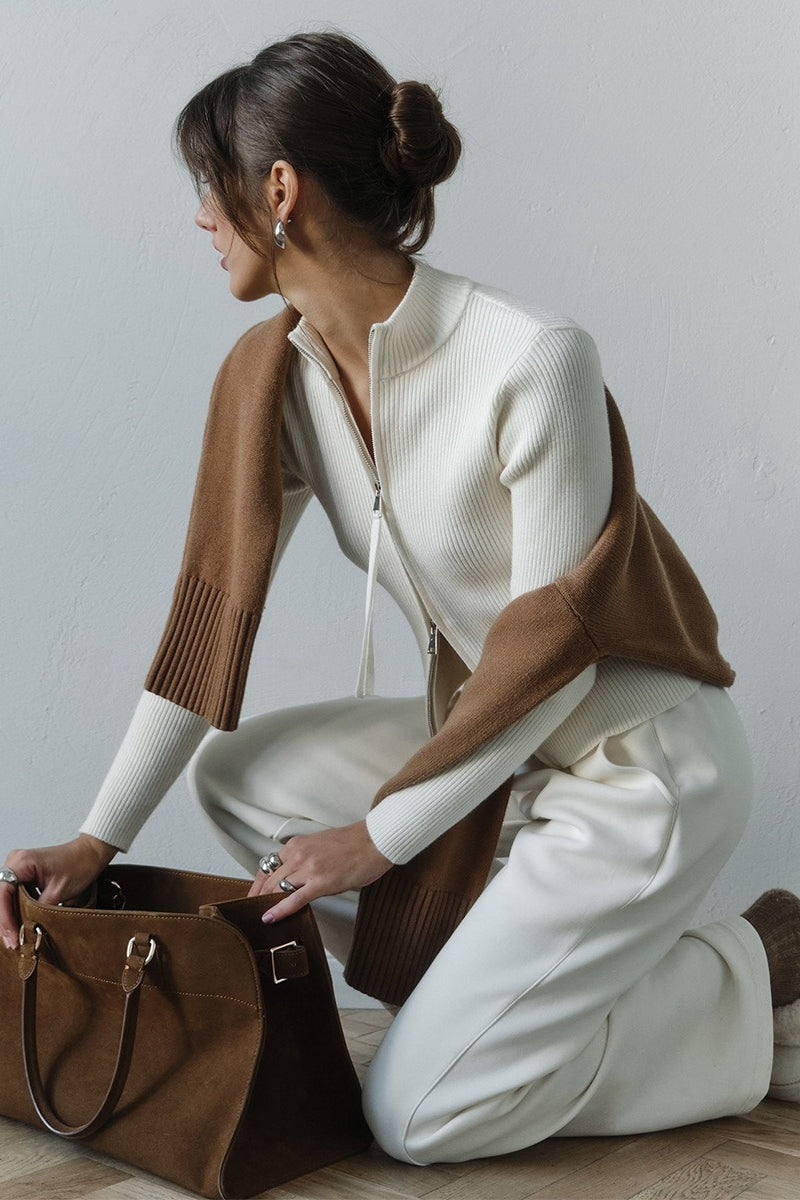 Eleganter Cardigan Damen mit Stehkragen und Reißverschluss - 7