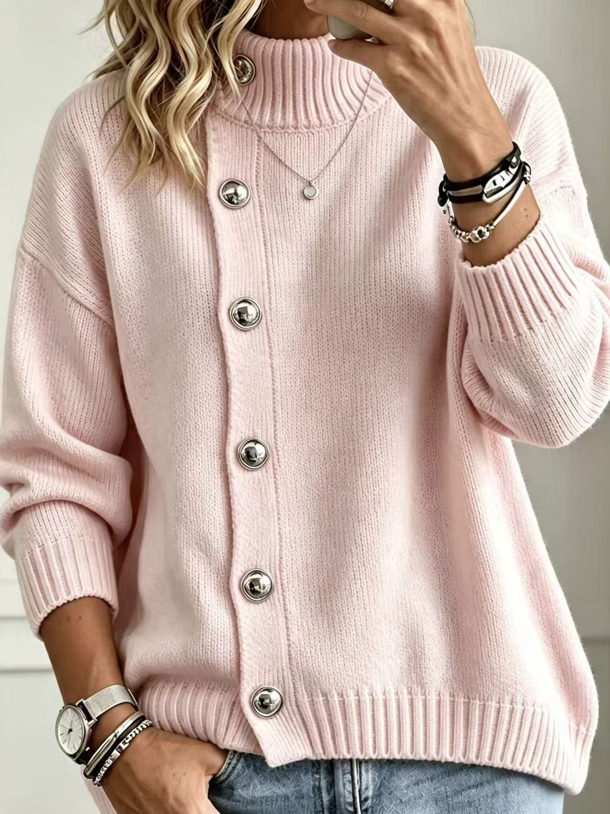 Pullover Damen mit Stehkragen und modischen Knopf-Details - 7