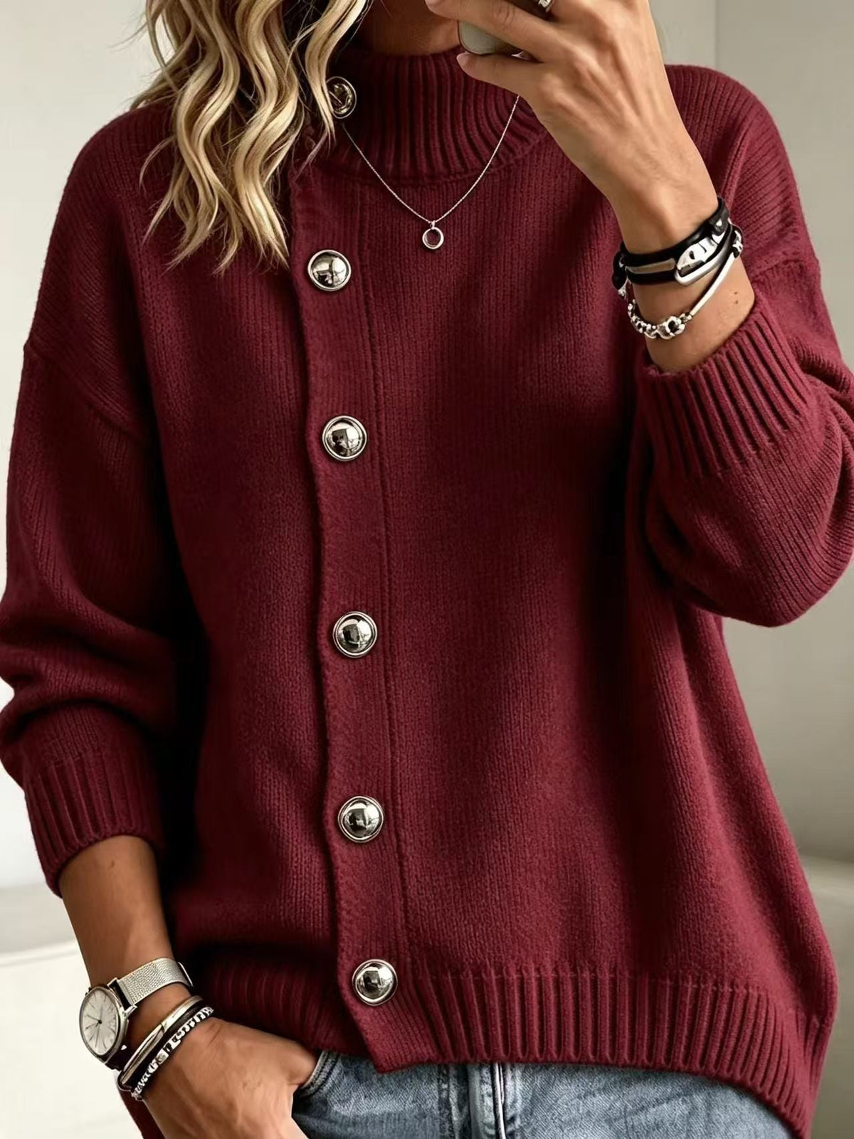 Pullover Damen mit Stehkragen und modischen Knopf-Details - 8