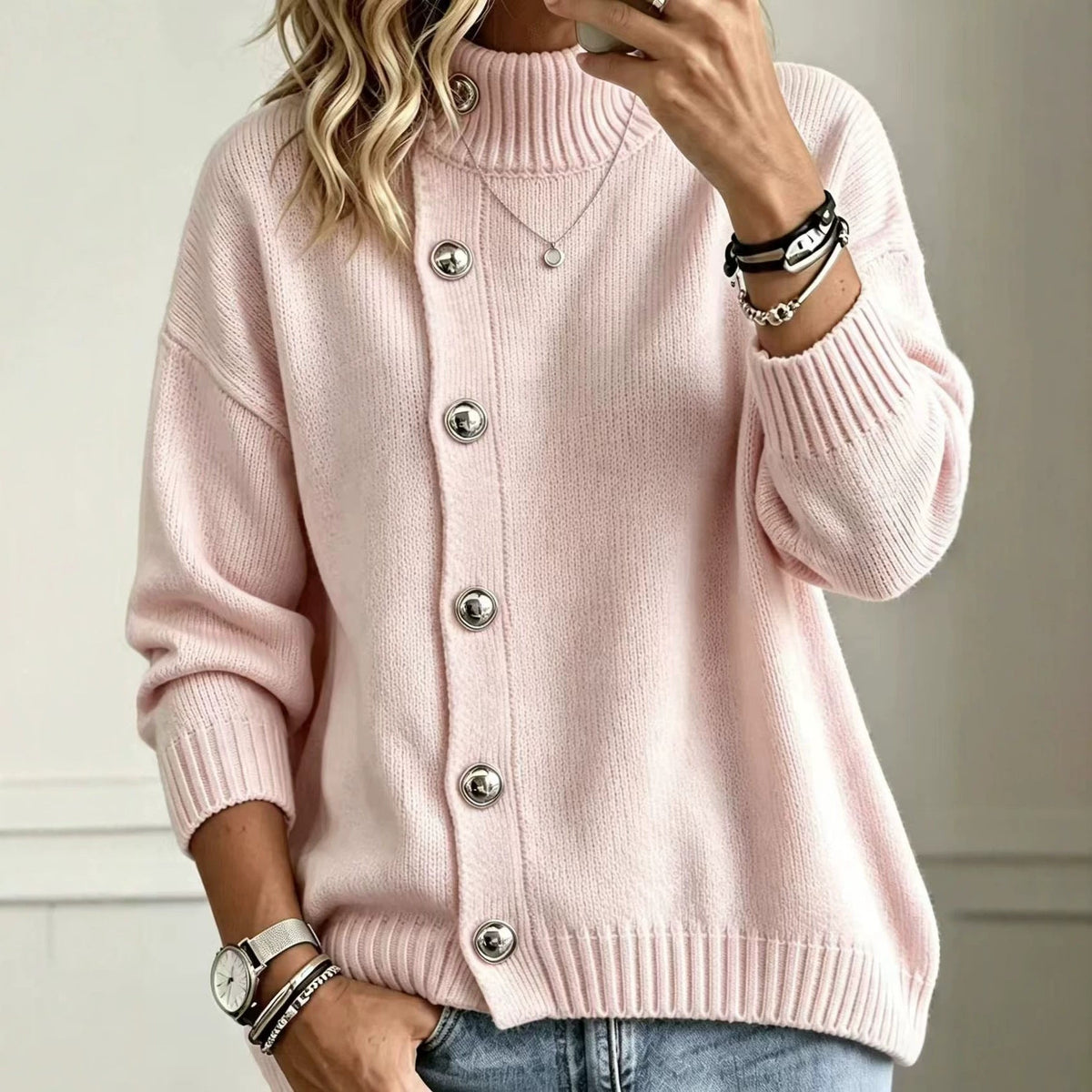 Pullover Damen mit Stehkragen und modischen Knopf-Details - 9