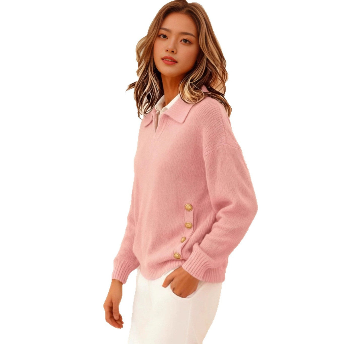 Pullover Damen mit Umlegekragen und Knopfdetails - 5
