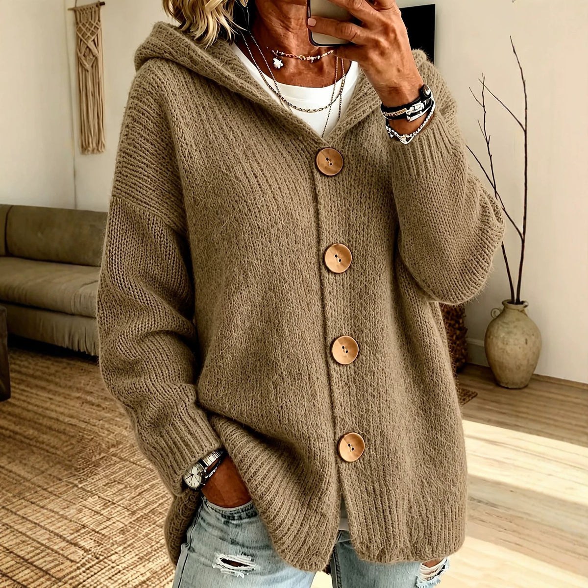 Damen Cardigan mit Kapuze und Knopfverschluss - 1