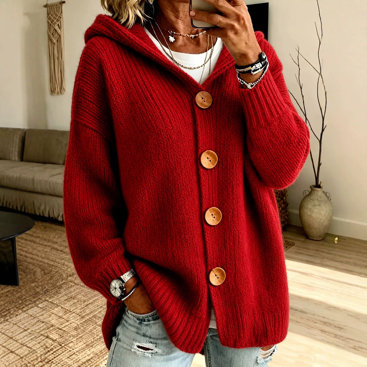 Damen Cardigan mit Kapuze und Knopfverschluss - 3