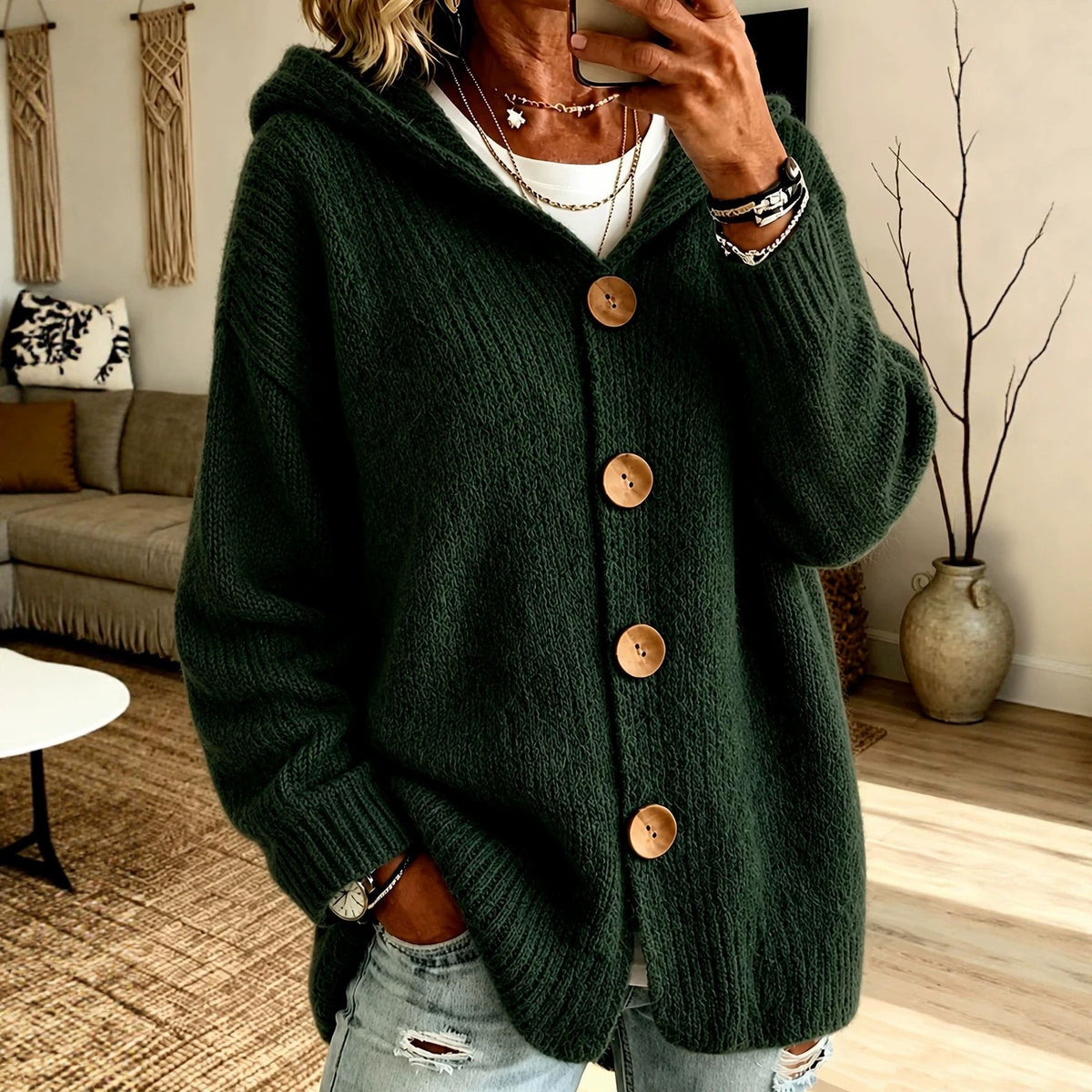 Damen Cardigan mit Kapuze und Knopfverschluss - 5
