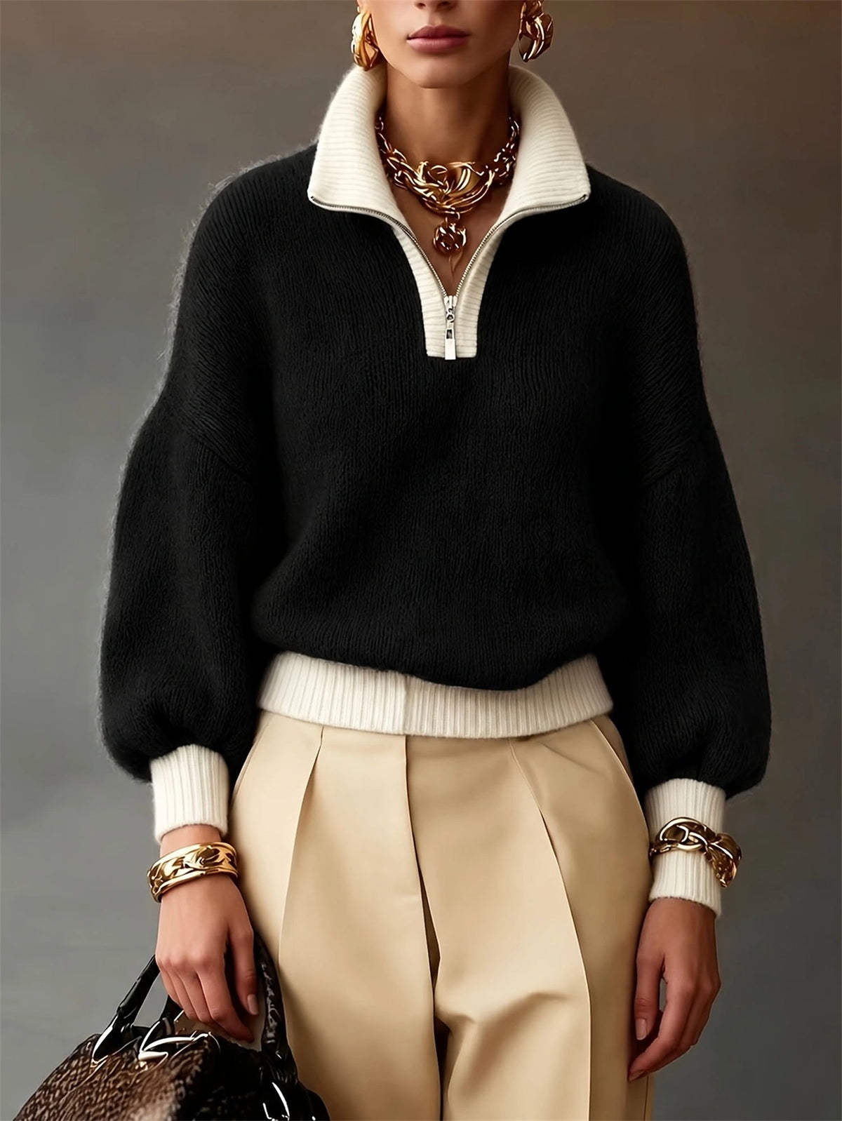 Pullover Damen mit Stehkragen und Reißverschluss - 1