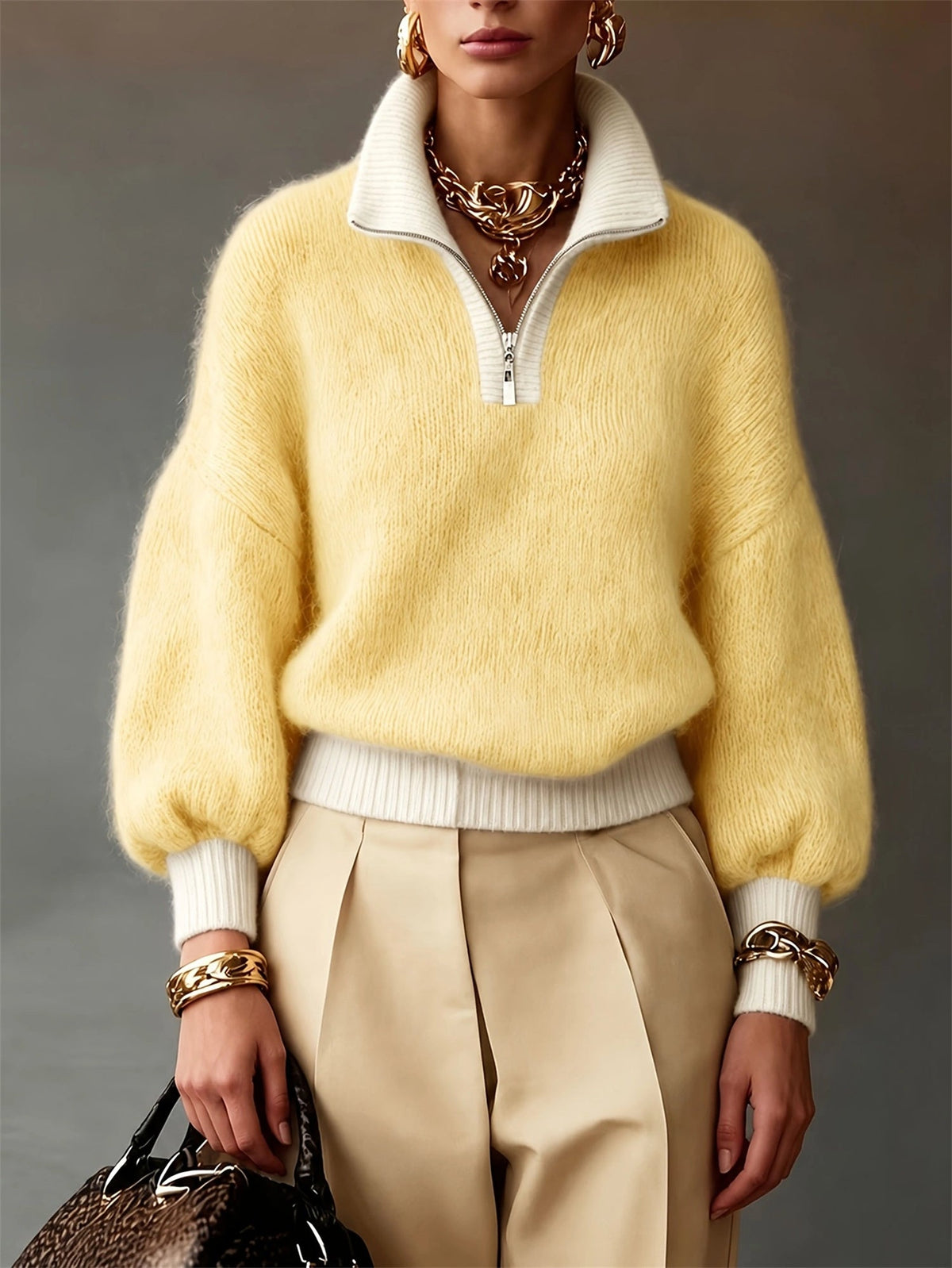 Pullover Damen mit Stehkragen und Reißverschluss - 2