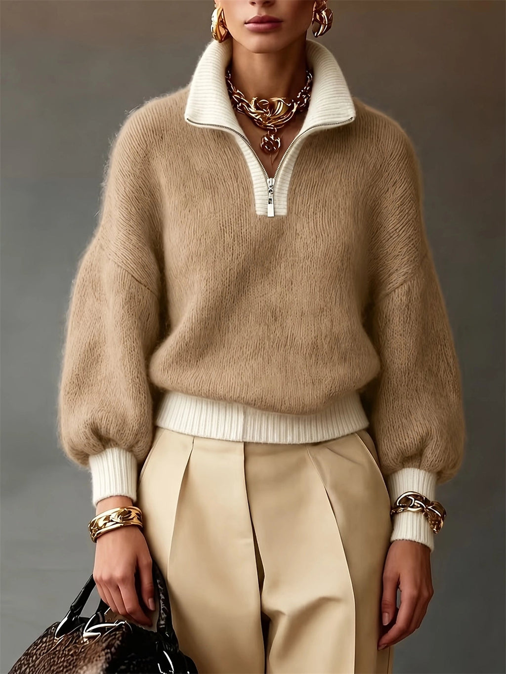 Pullover Damen mit Stehkragen und Reißverschluss - 3