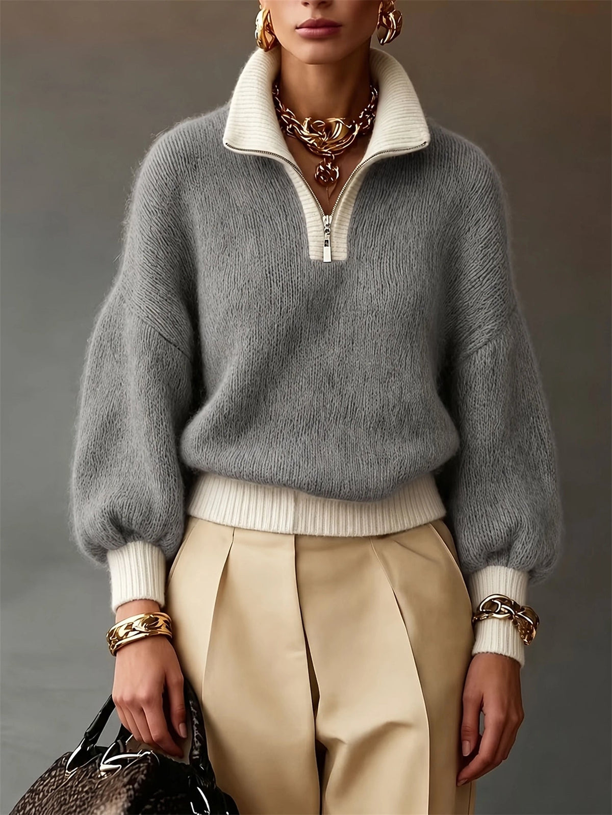Pullover Damen mit Stehkragen und Reißverschluss - 4