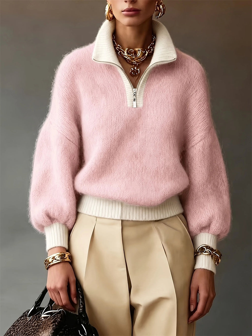 Pullover Damen mit Stehkragen und Reißverschluss - 5