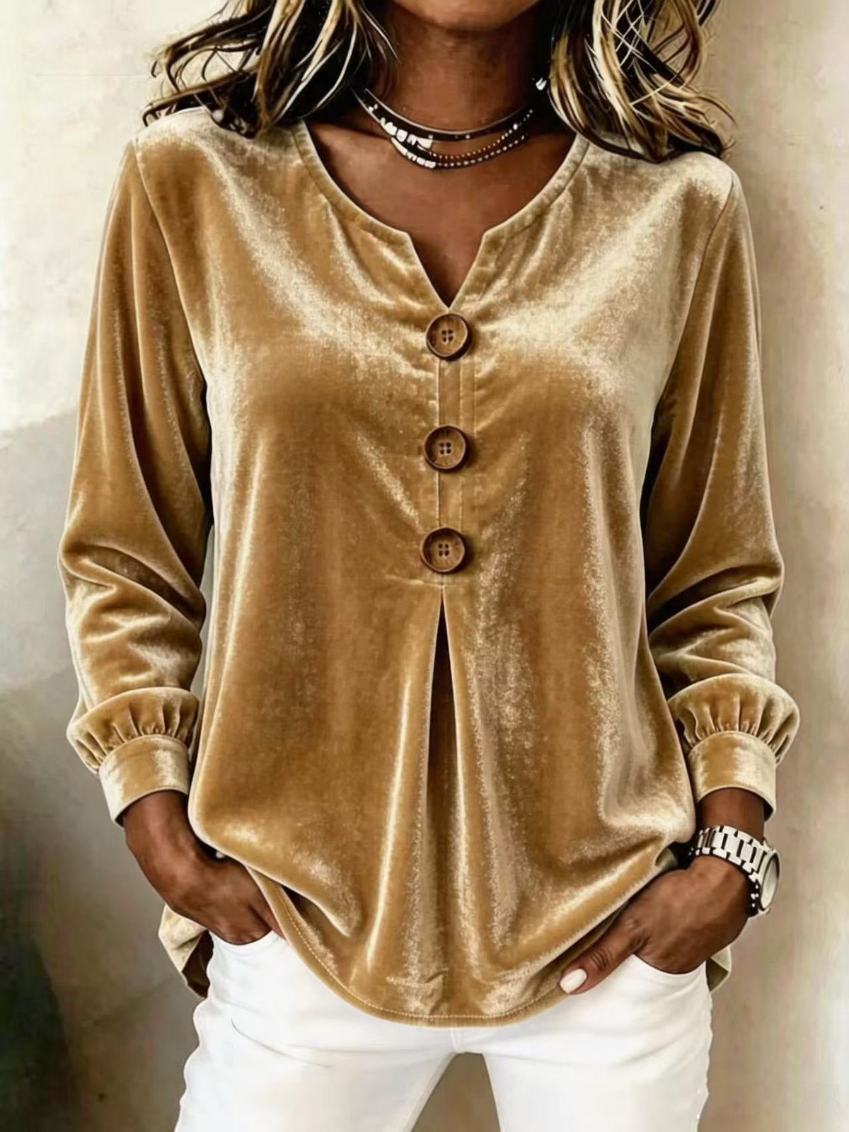 Bluse Damen mit V-Ausschnitt und Knopfdetails - 1