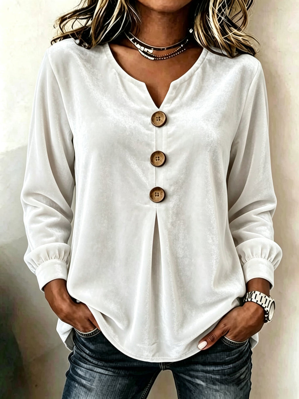 Bluse Damen mit V-Ausschnitt und Knopfdetails - 3