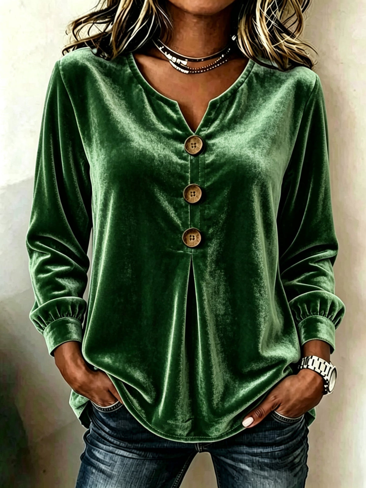 Bluse Damen mit V-Ausschnitt und Knopfdetails - 4
