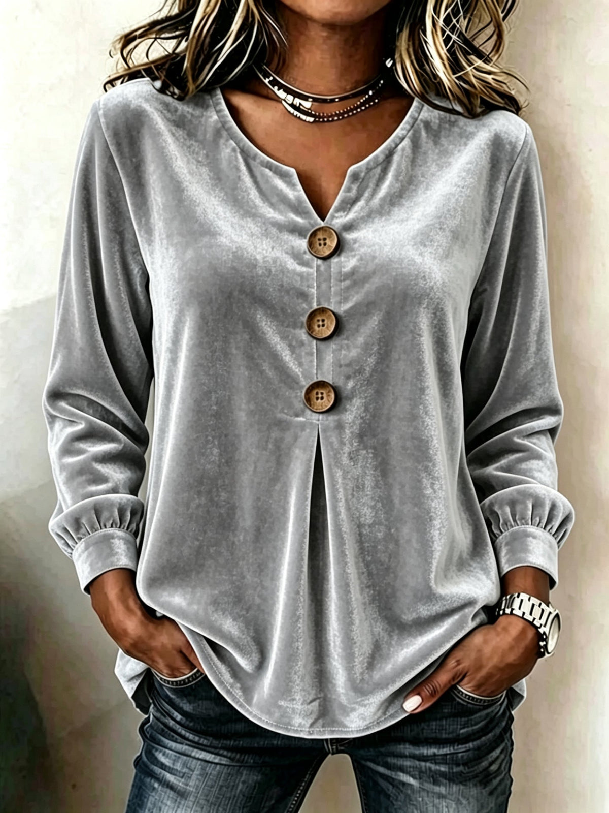 Bluse Damen mit V-Ausschnitt und Knopfdetails - 5