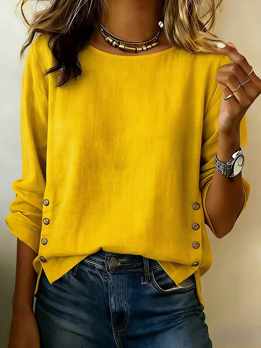 Damen Bluse mit Rundhalsausschnitt und seitlichen Knopfdetails - 5