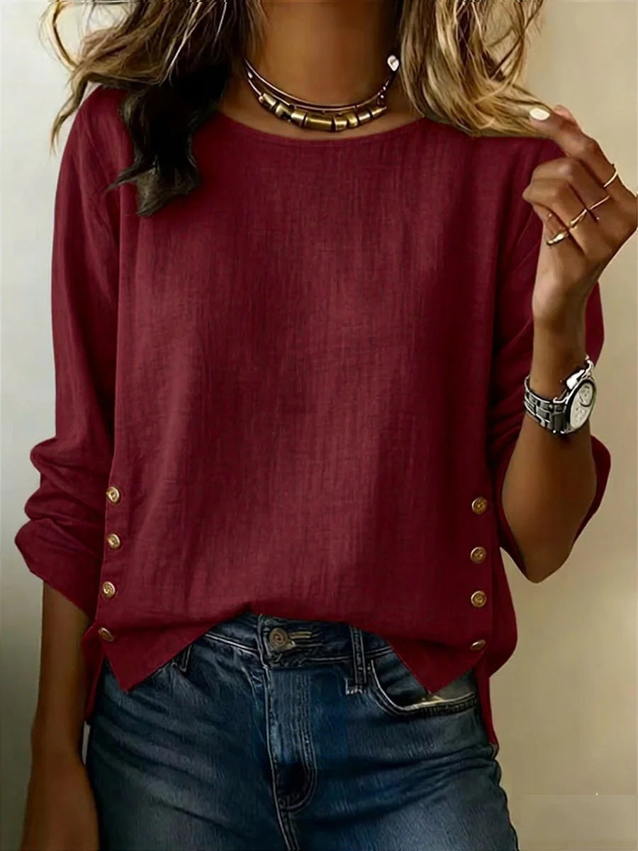 Damen Bluse mit Rundhalsausschnitt und seitlichen Knopfdetails - 7
