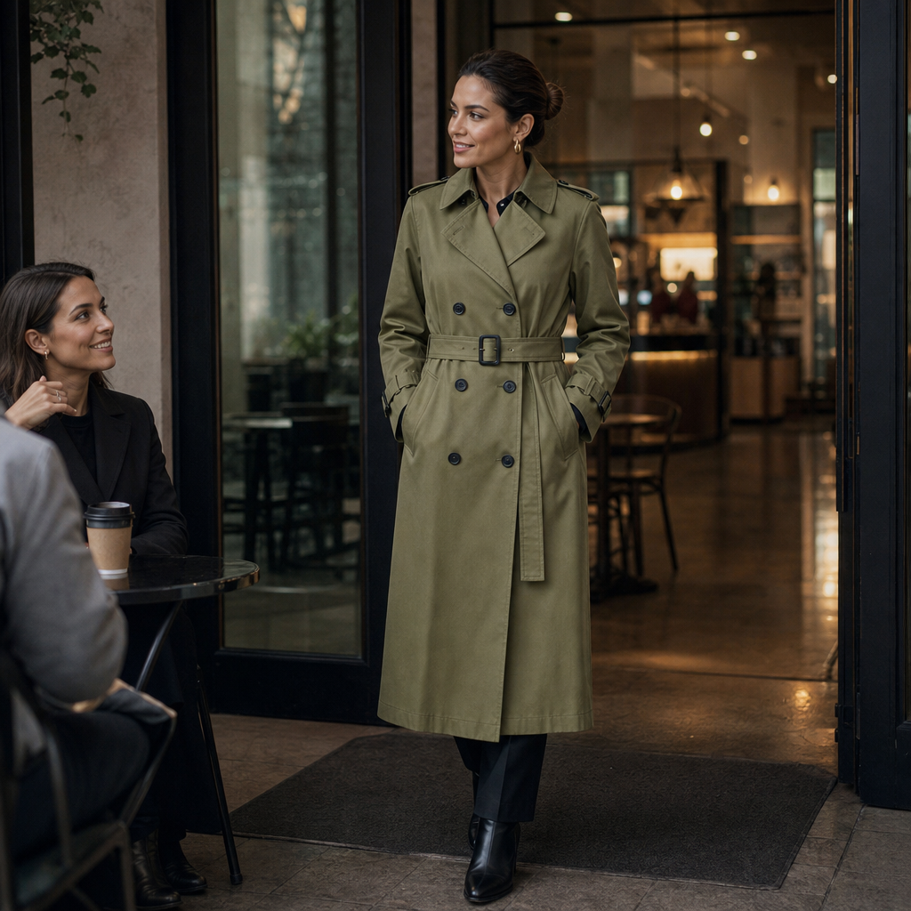 Trenchcoat Damen mit taillierendem Gürtel und doppelter Knopfreihe - 4
