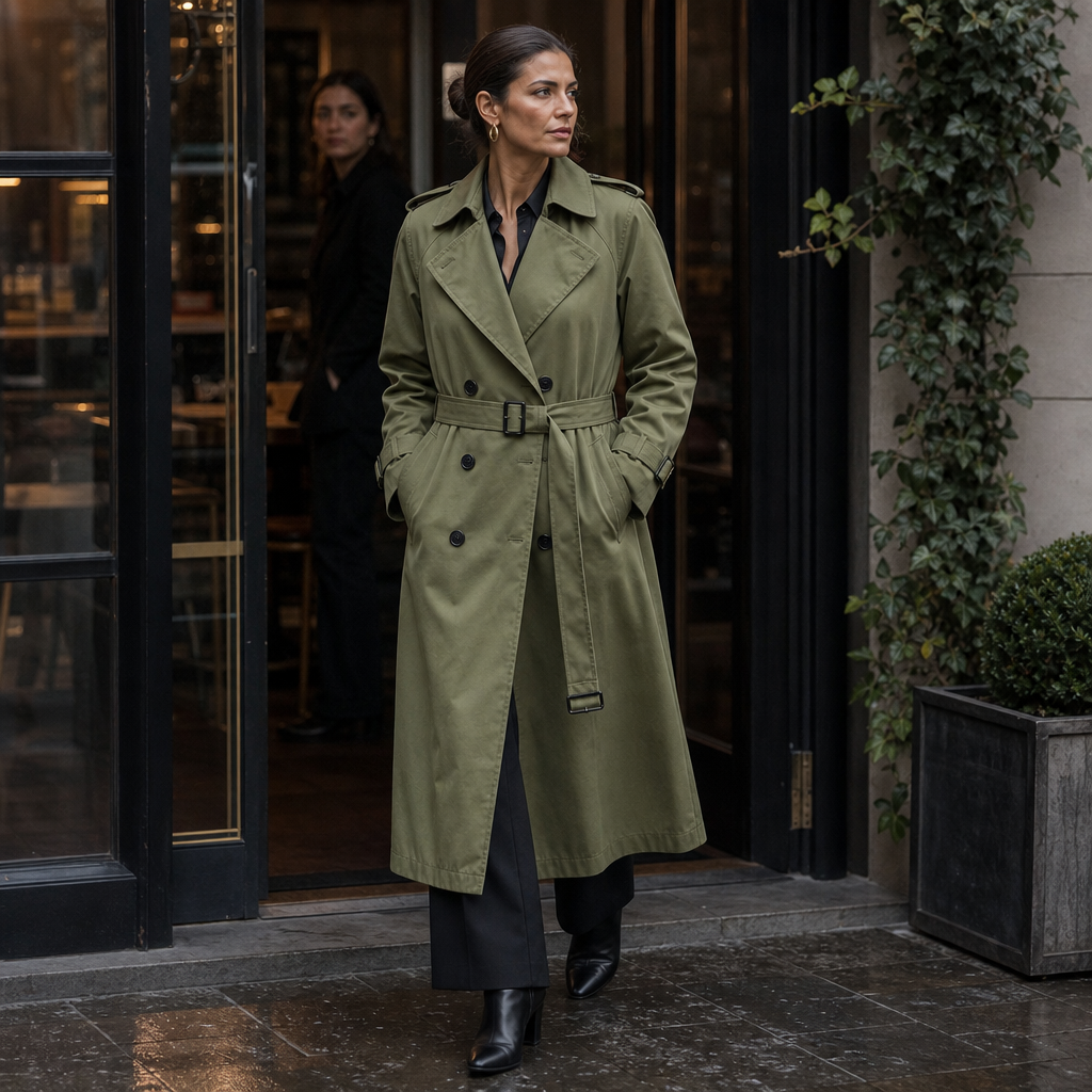 Trenchcoat Damen mit taillierendem Gürtel und doppelter Knopfreihe - 5