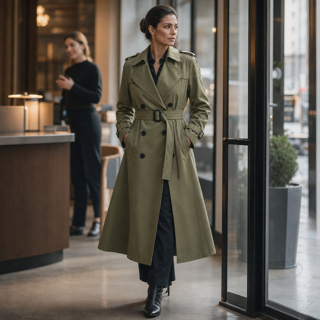 Trenchcoat Damen mit taillierendem Gürtel und doppelter Knopfreihe - 7