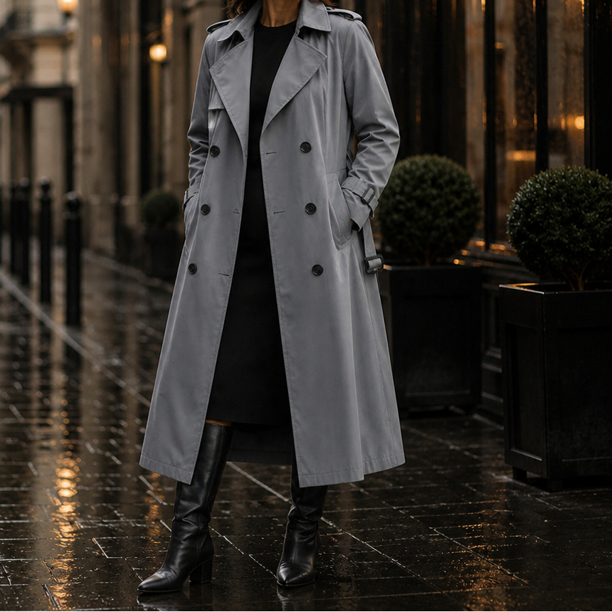 Trenchcoat Damen mit taillierendem Gürtel und doppelter Knopfreihe - 14