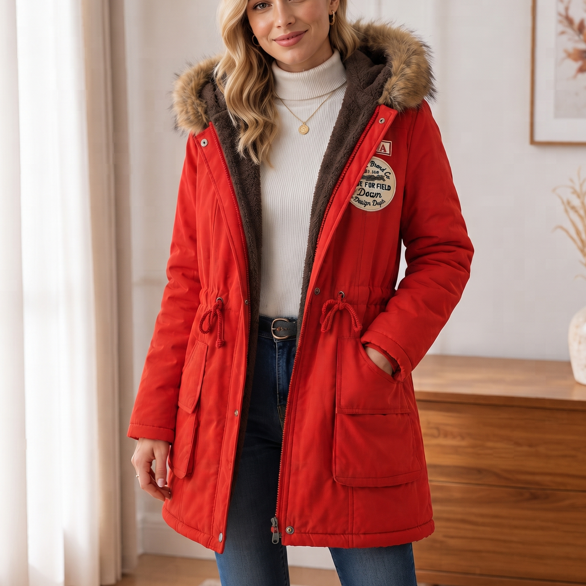 Damen Jacke mit verstellbarem Taillenzug und Kapuze - 4