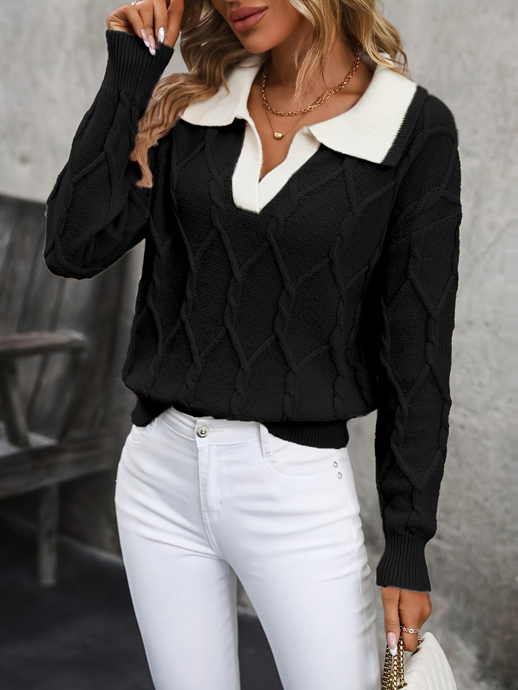 Pullover Damen mit V-Ausschnitt und Kragen - 1