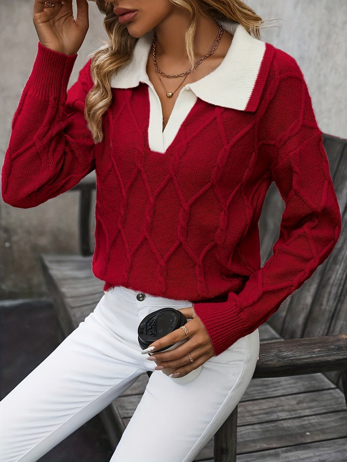 Pullover Damen mit V-Ausschnitt und Kragen - 2