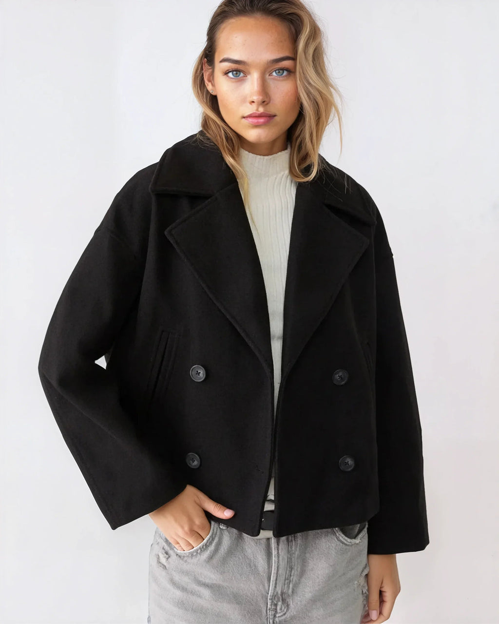 Damen Jacke kurz mit Doppelreiher und breitem Revers - 3