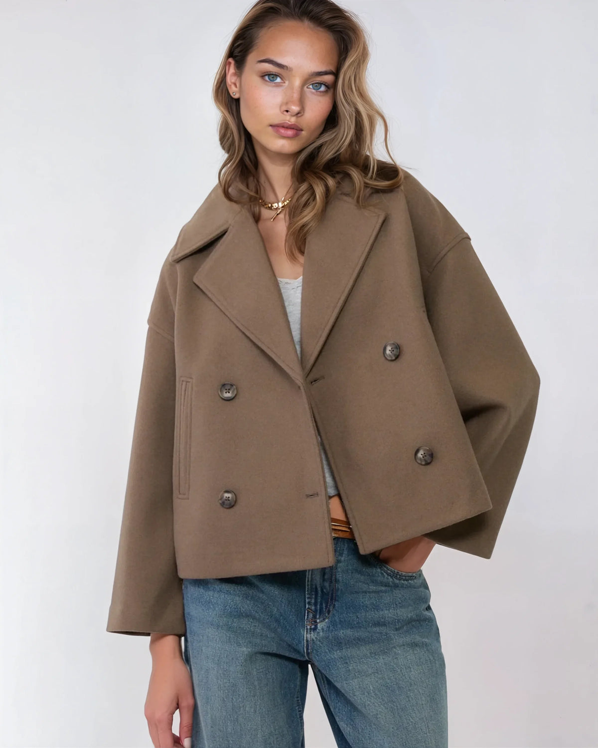 Damen Jacke kurz mit Doppelreiher und breitem Revers - 9