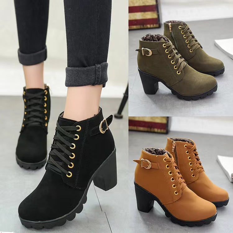 Damen Stiefel mit robustem Absatz und Schnürverschluss - 1