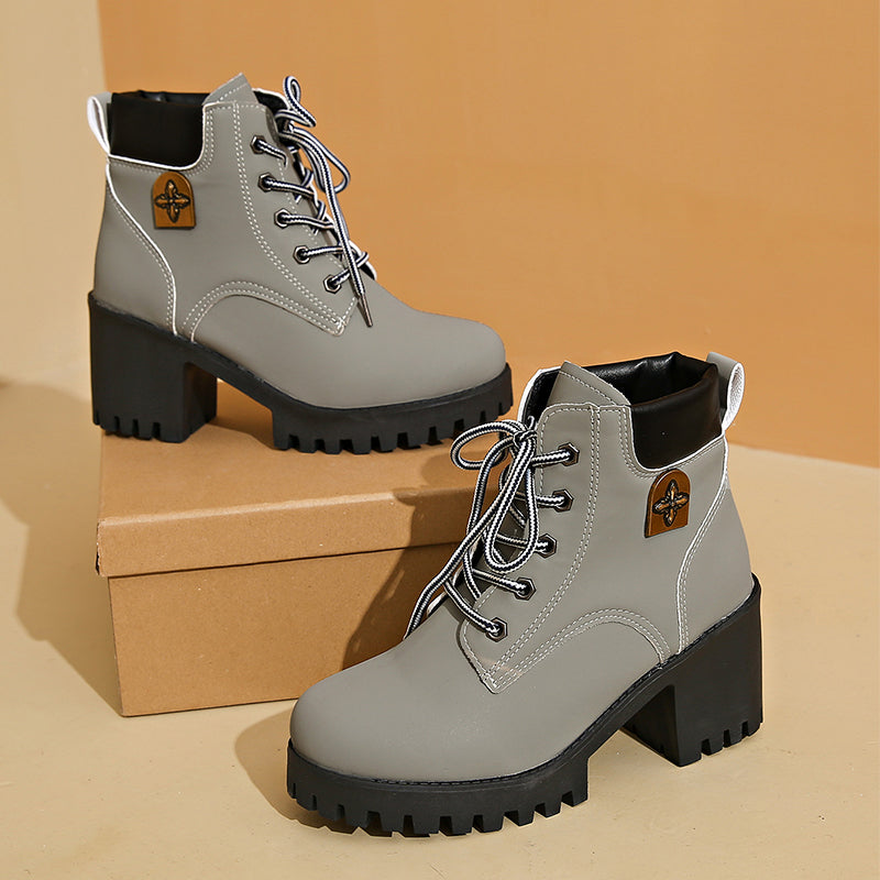 Damen Boots mit hohem Blockabsatz und Schnürung - 5