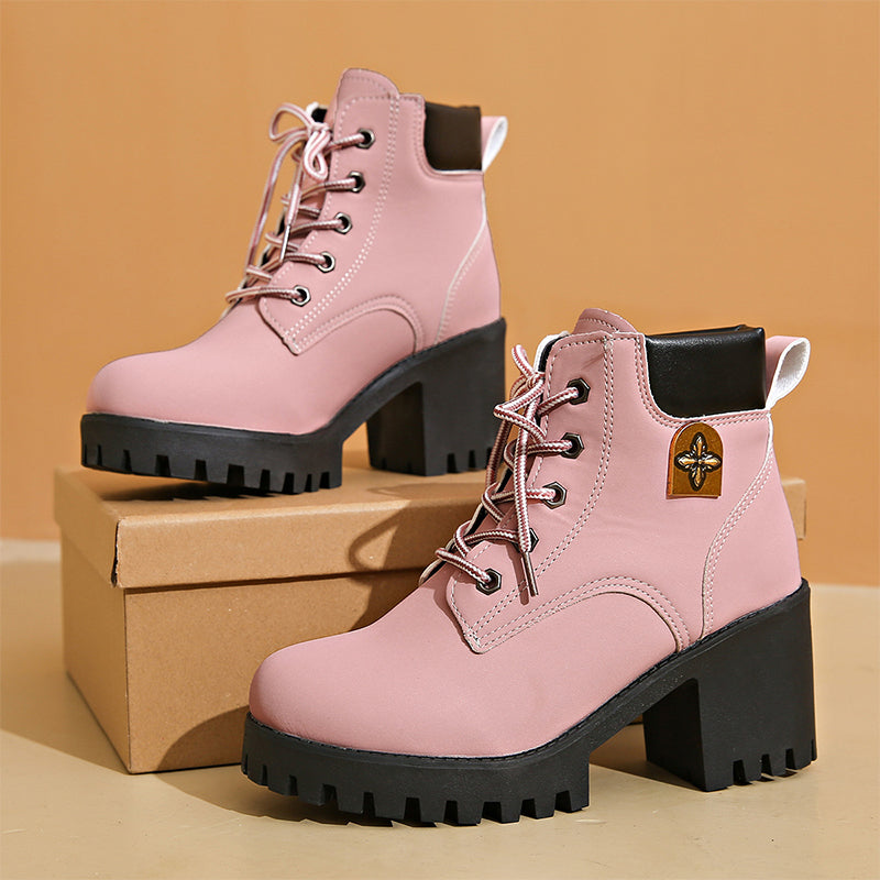 Damen Boots mit hohem Blockabsatz und Schnürung - 6