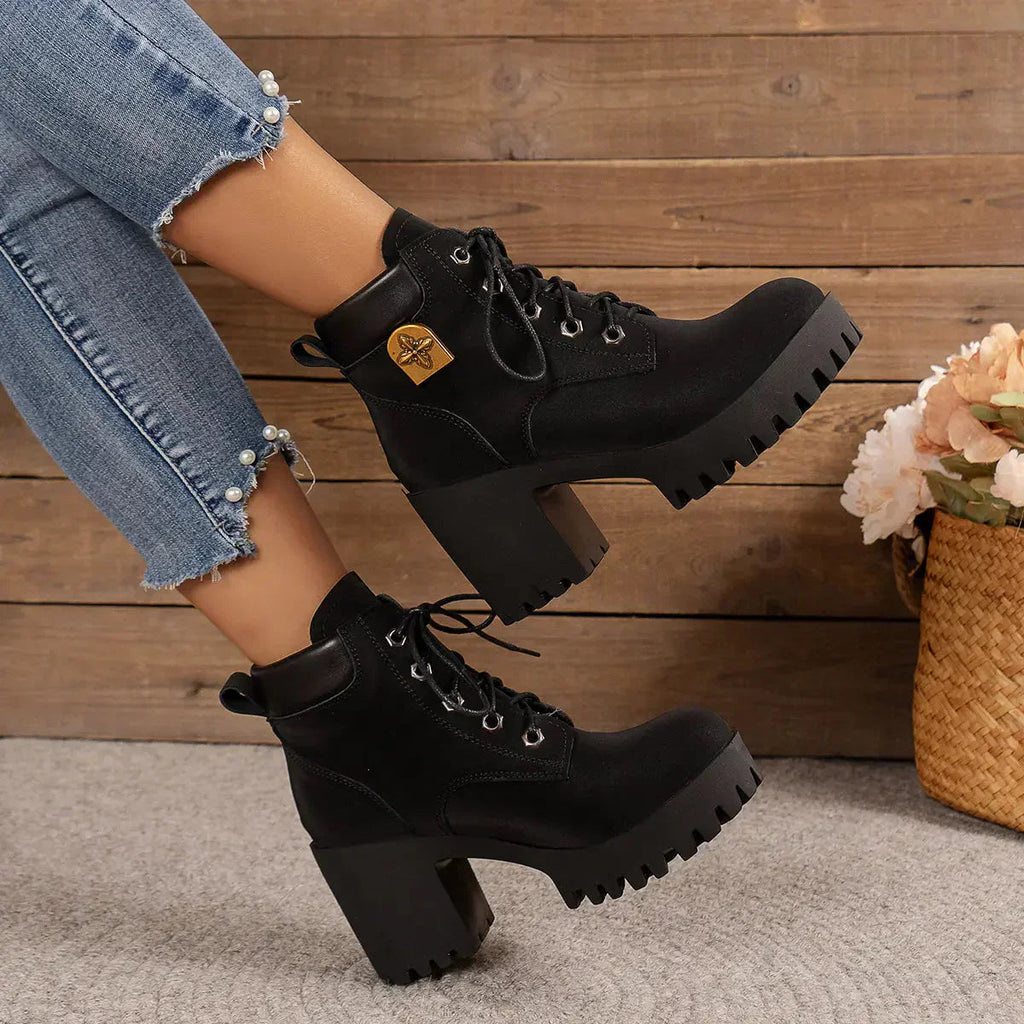 Damen Boots mit hohem Blockabsatz und Schnürung - 7