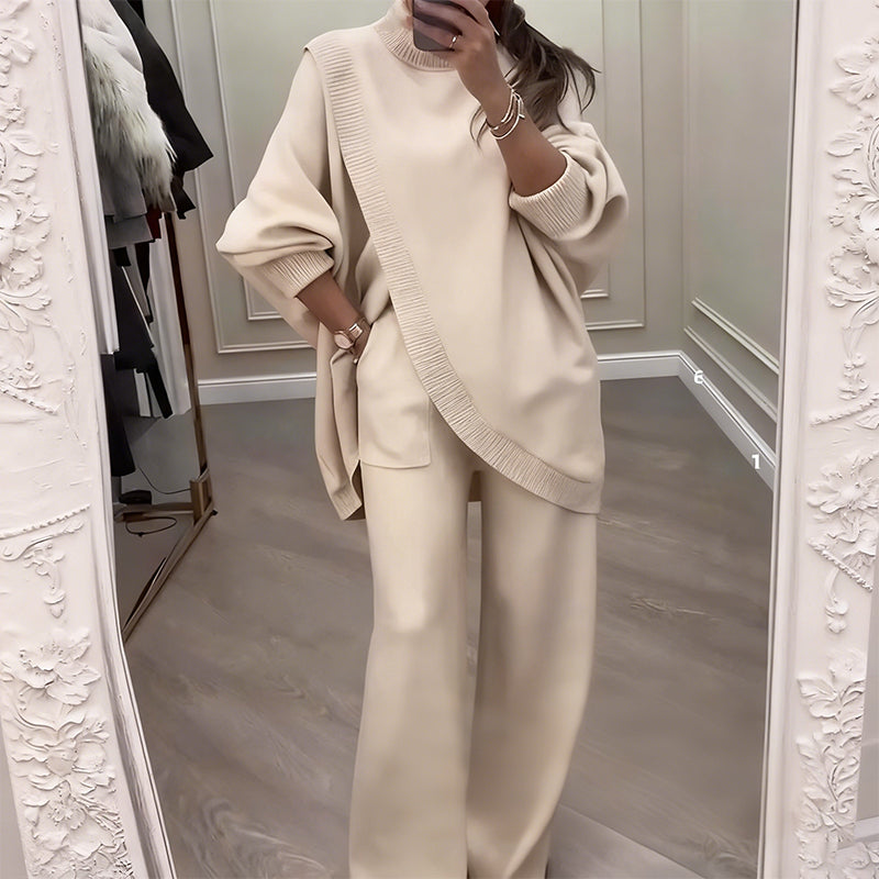 Zweiteiler Damen - Asymmetrischer Pullover mit Weiten Hosen - 2