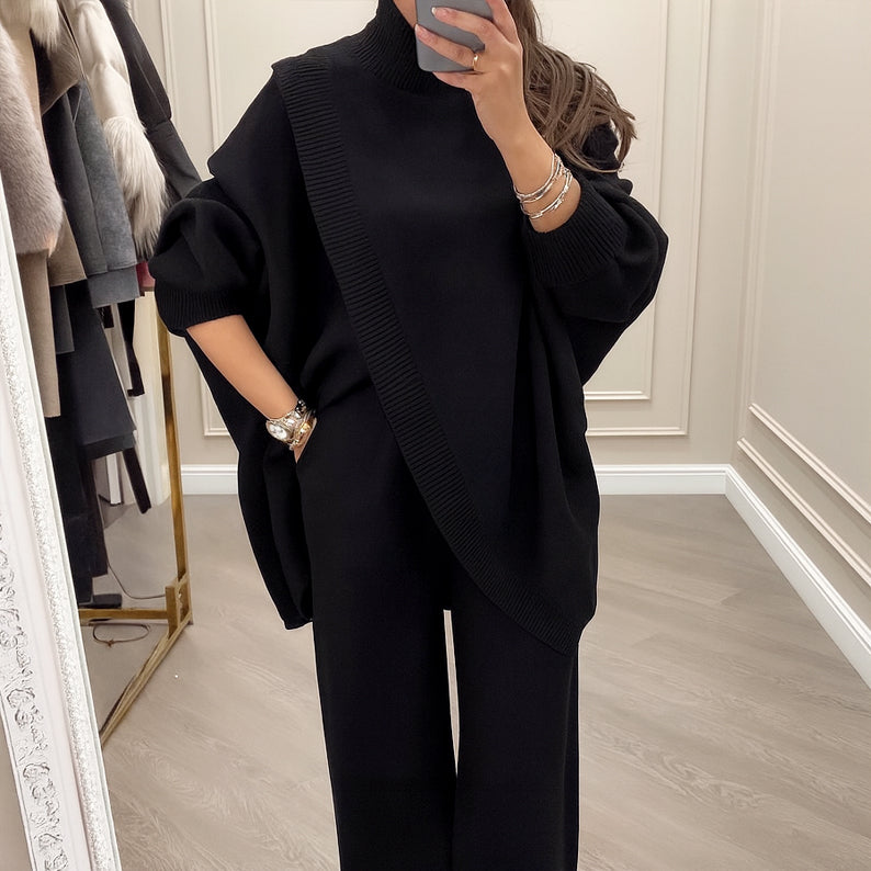 Zweiteiler Damen - Asymmetrischer Pullover mit Weiten Hosen - 4