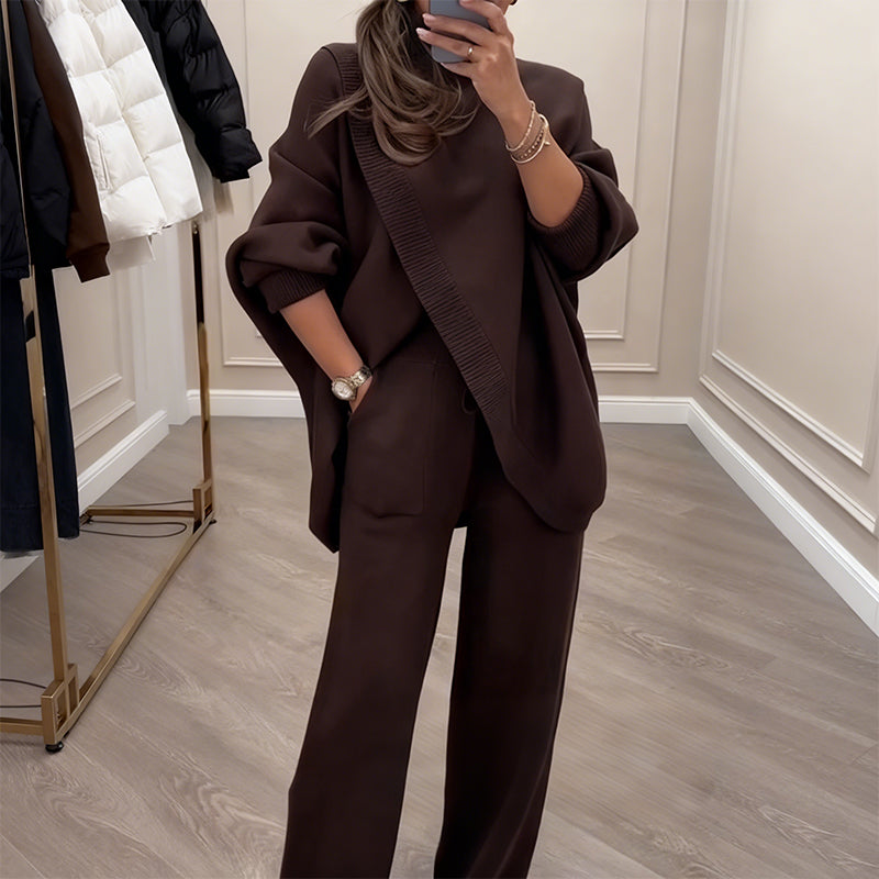 Zweiteiler Damen - Asymmetrischer Pullover mit Weiten Hosen - 6