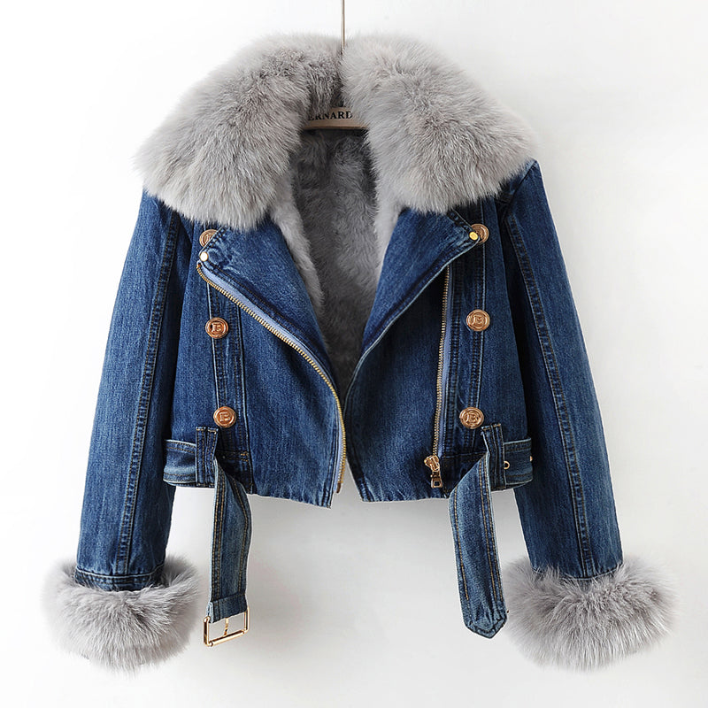 Damen Jeansjacke mit abnehmbarem Kragen und Gürtel - 1