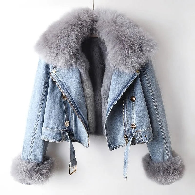Damen Jeansjacke mit abnehmbarem Kragen und Gürtel - 2