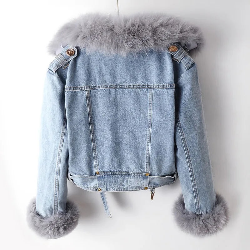 Damen Jeansjacke mit abnehmbarem Kragen und Gürtel - 3