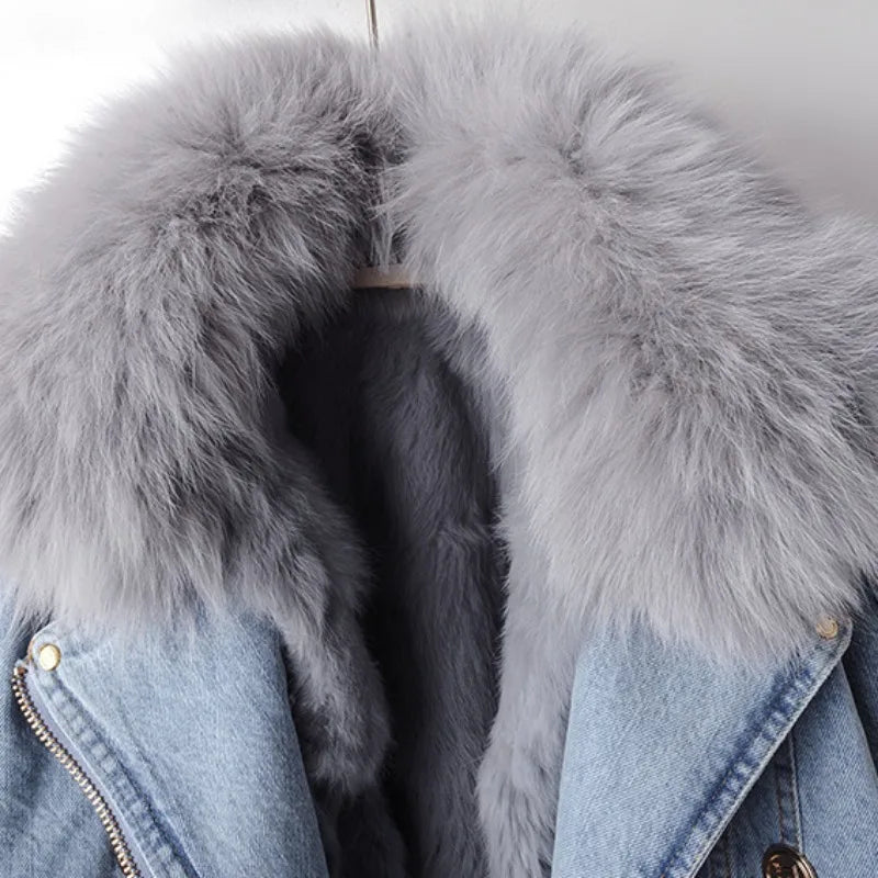 Damen Jeansjacke mit abnehmbarem Kragen und Gürtel - 5