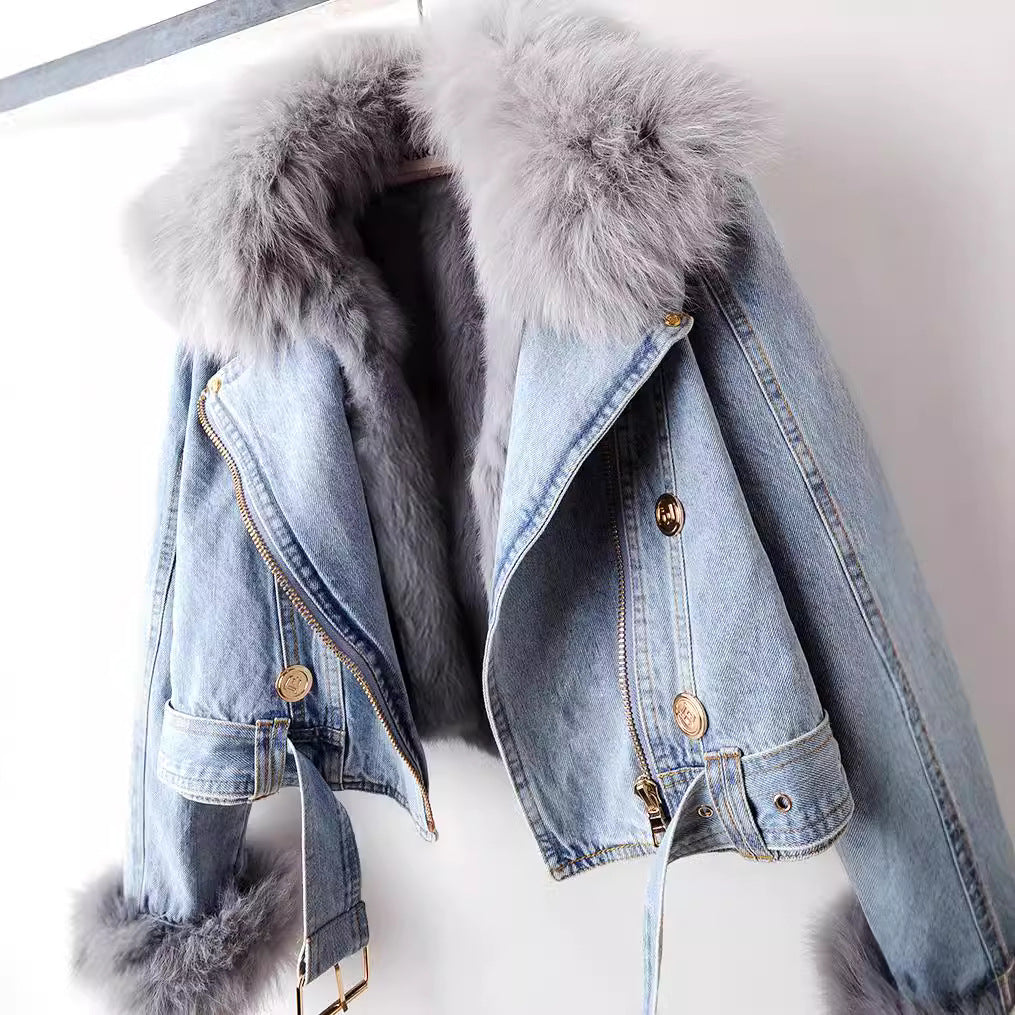 Damen Jeansjacke mit abnehmbarem Kragen und Gürtel - 6