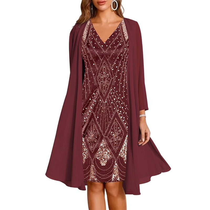 Elegantes Damen Kleid mit fließendem V-Ausschnitt und Cardigan - 1