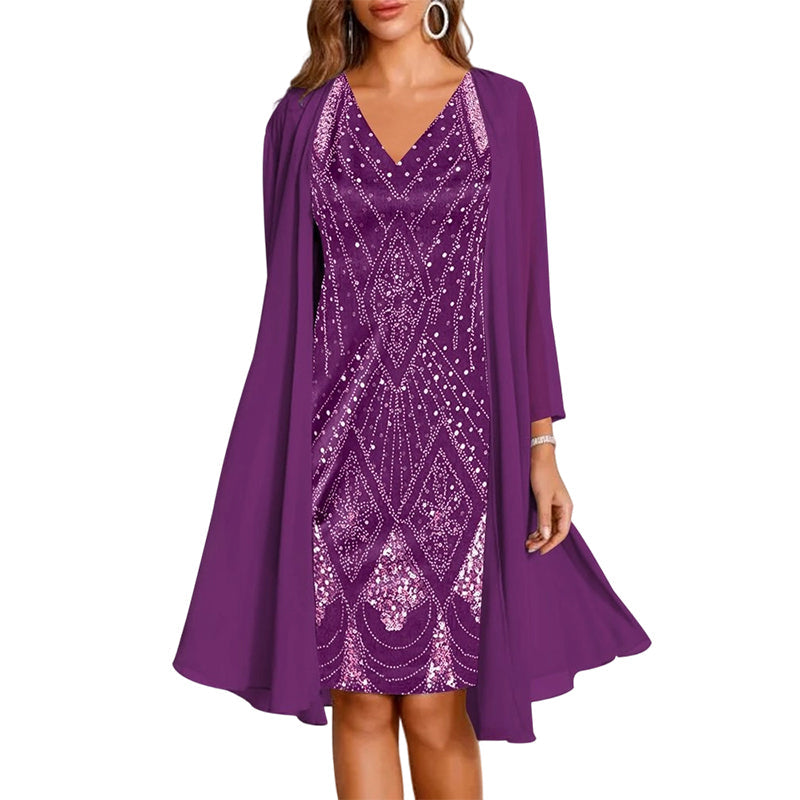 Elegantes Damen Kleid mit fließendem V-Ausschnitt und Cardigan - 2