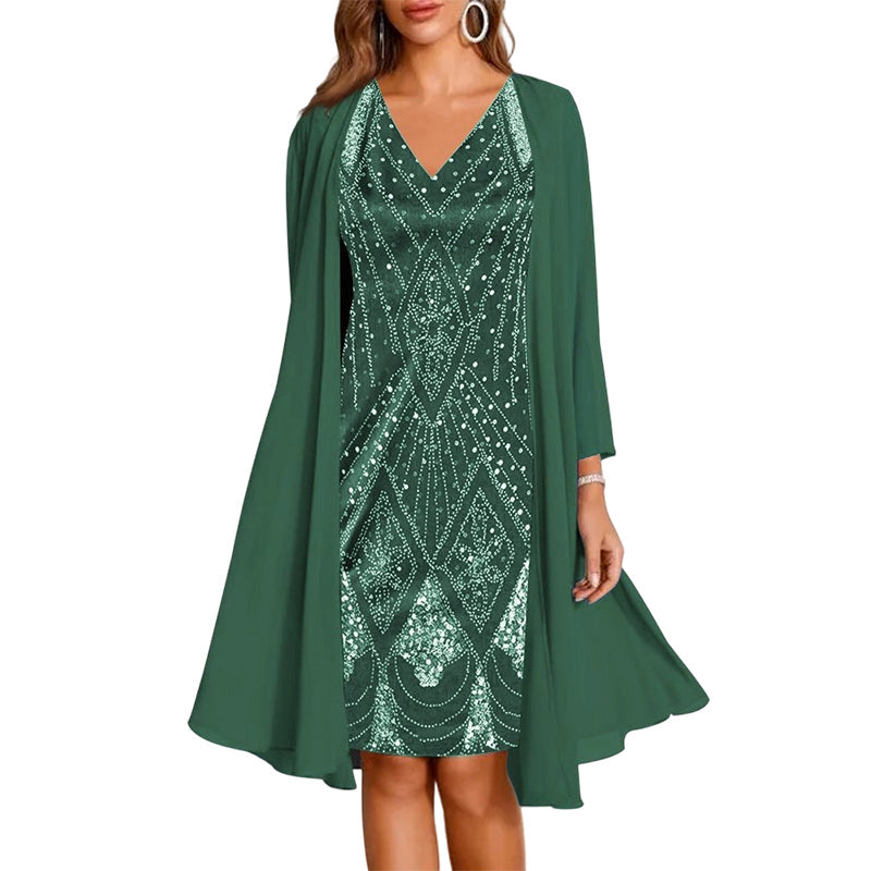 Elegantes Damen Kleid mit fließendem V-Ausschnitt und Cardigan - 3