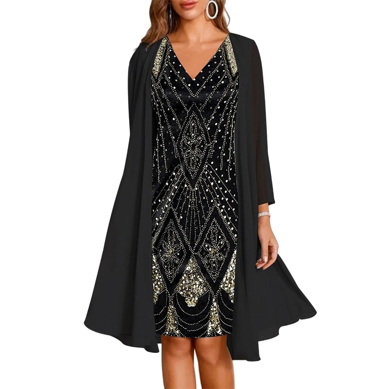 Elegantes Damen Kleid mit fließendem V-Ausschnitt und Cardigan - 4