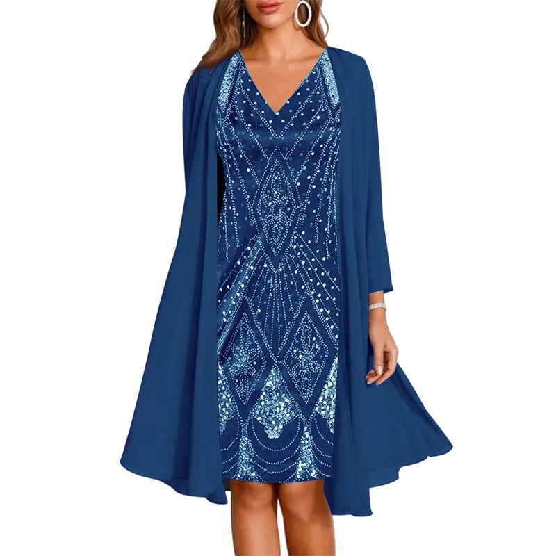 Elegantes Damen Kleid mit fließendem V-Ausschnitt und Cardigan - 5
