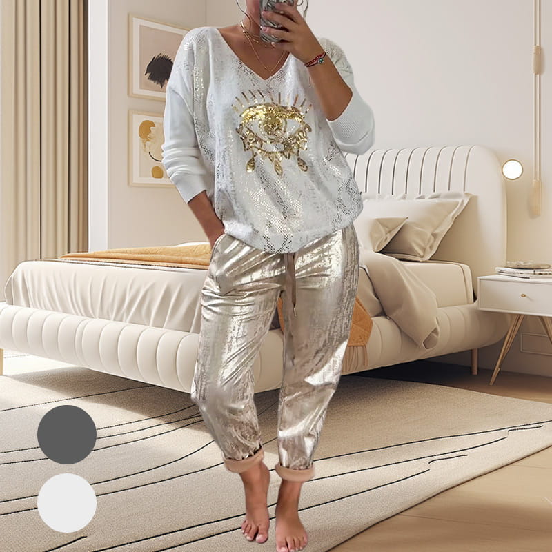 Stylisches Damen Outfit mit V-Ausschnitt und funkelnden Details - 1